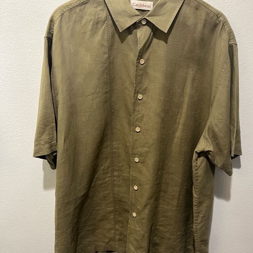 CARIBBEAN 100% LINEN MEN’S GREEN KHAKI BUTTON DOWN SHORT SLEEVE SHIRT SIZE XL - Picture 8 of 10